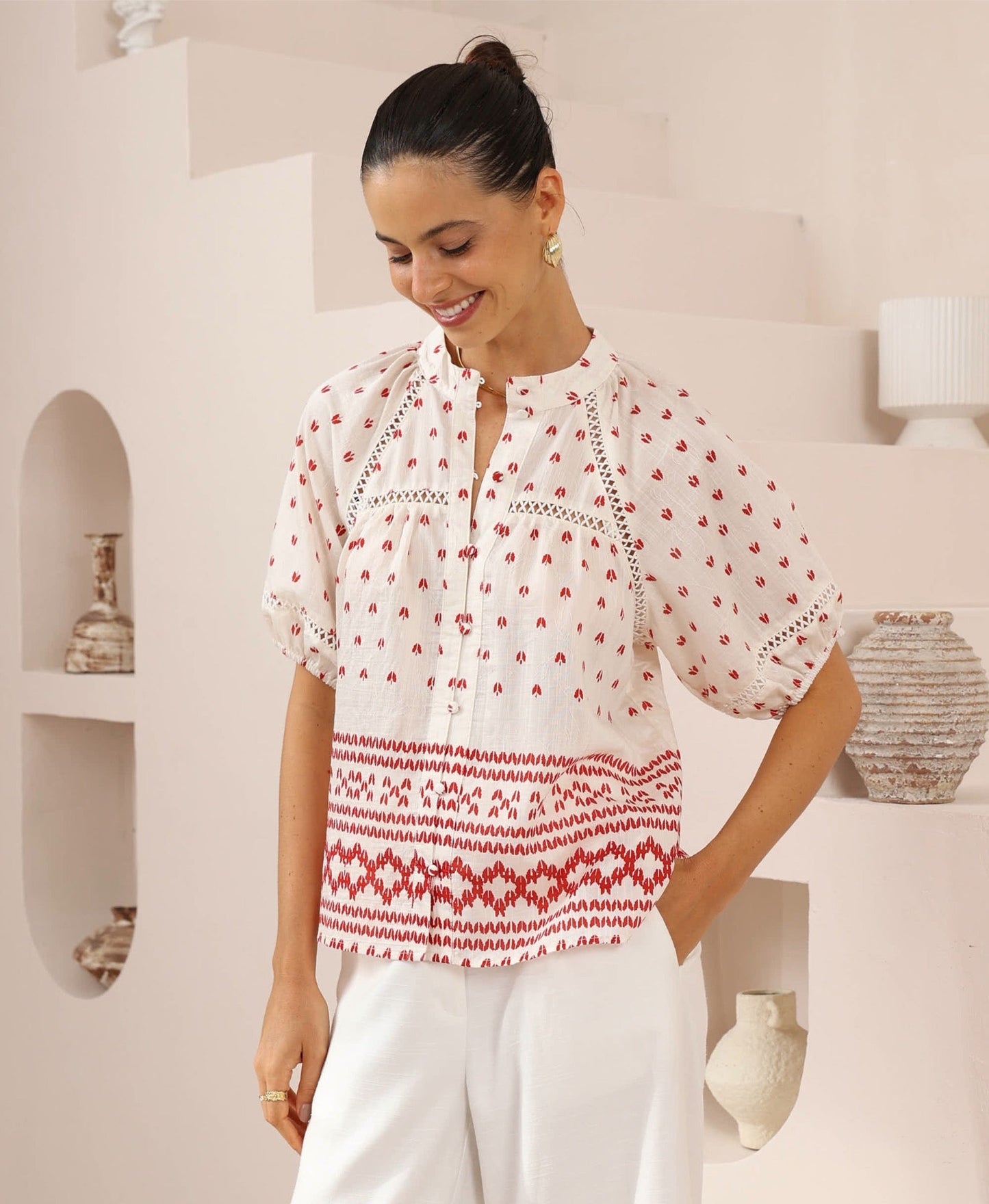 IRIS MAXI - Button Up Blouse - RED/WHITE