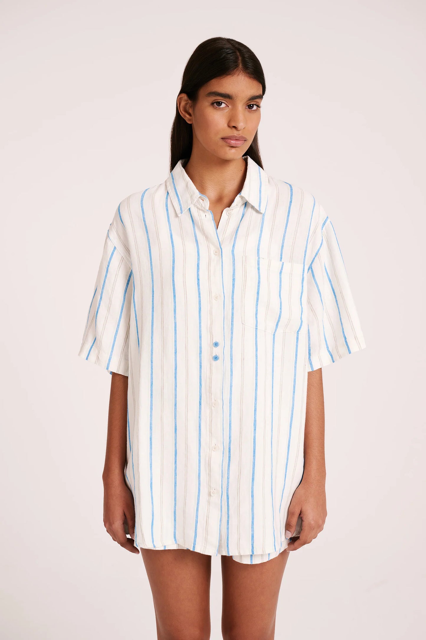 NUDE LUCY - Yin Linen Shirt - Azure Stripe