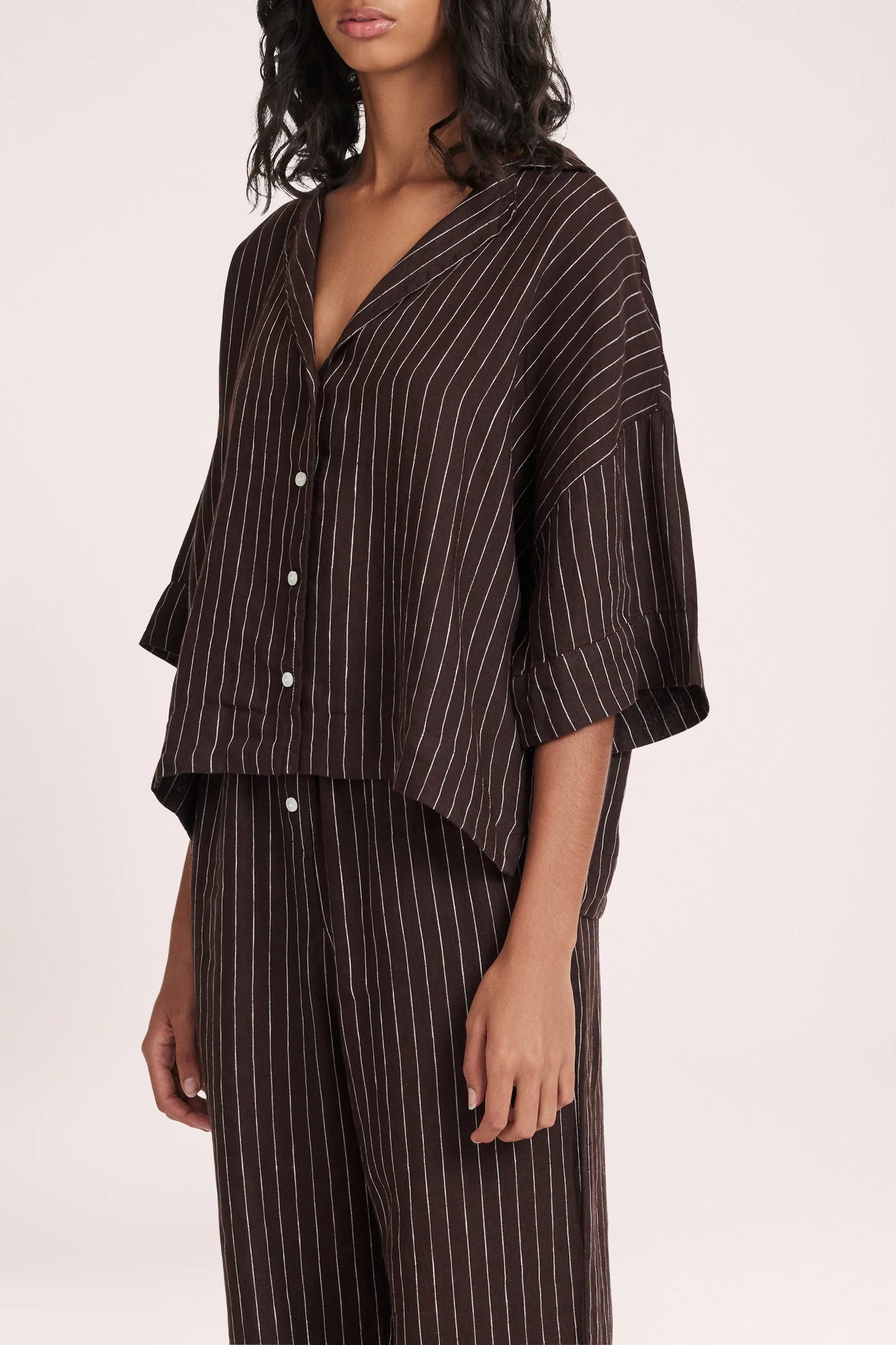 NUDE LUCY -  Lounge Stripe Linen Shirt - RAISIN STRIPE