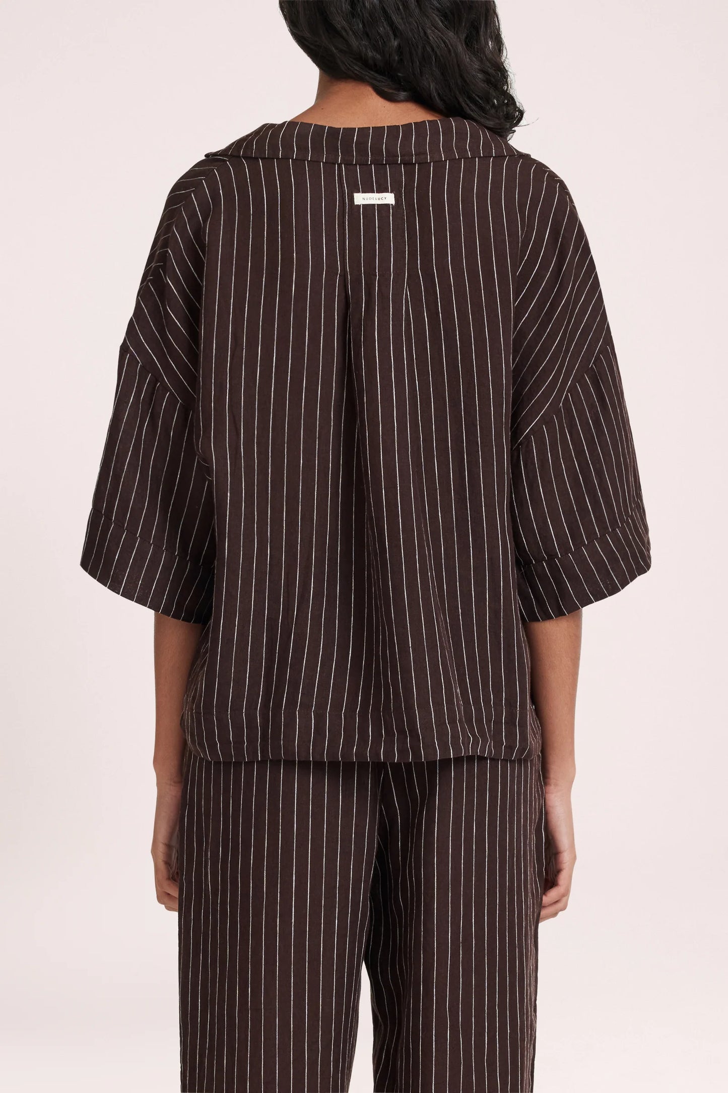NUDE LUCY -  Lounge Stripe Linen Shirt - RAISIN STRIPE