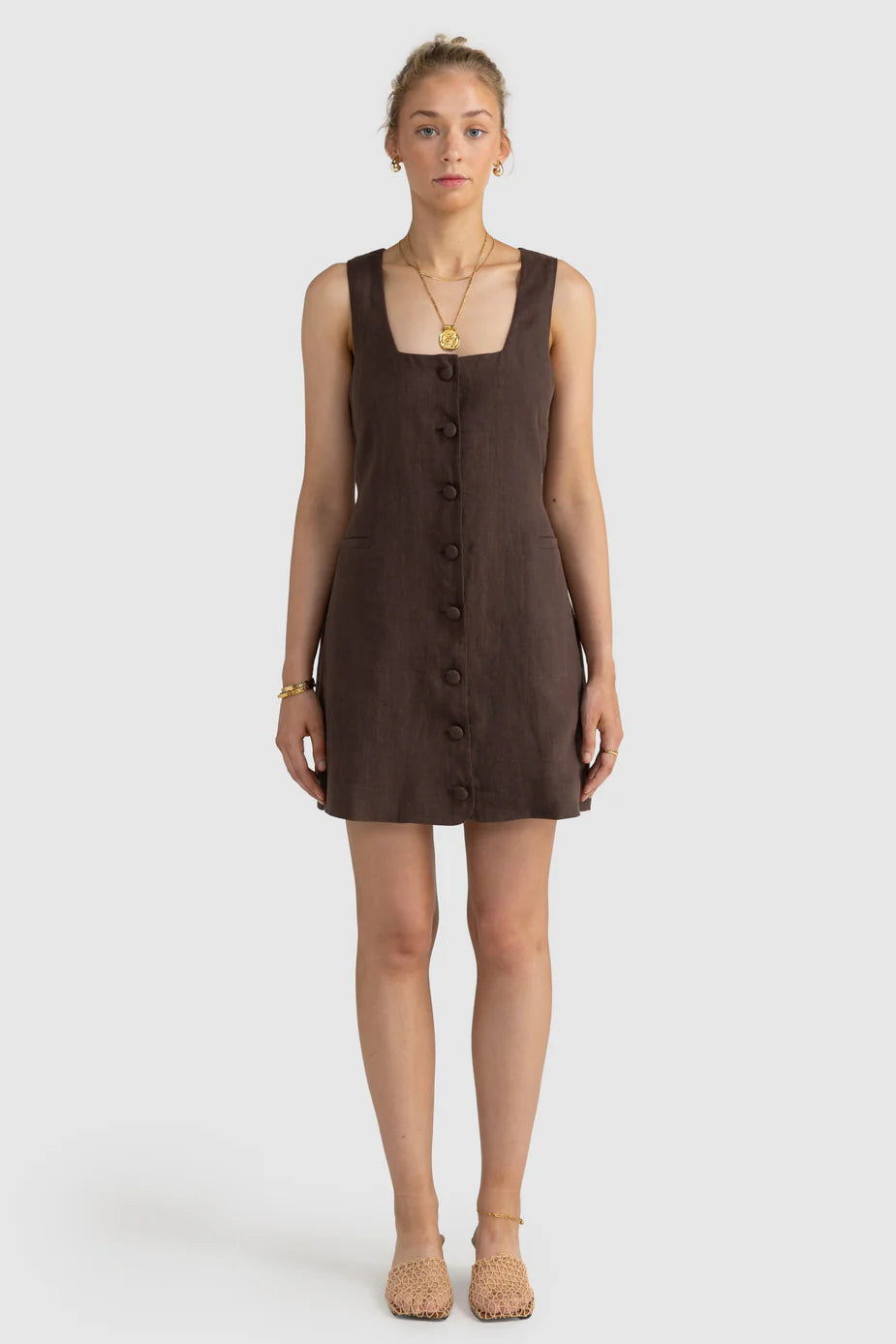 ORTC Cora Linen Button Mini Dress Carob