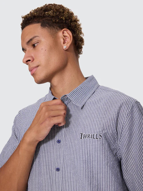 THRILLS - Web Of Deceit Box Crop Short Sleeve Shirt - NAVY STRIPE