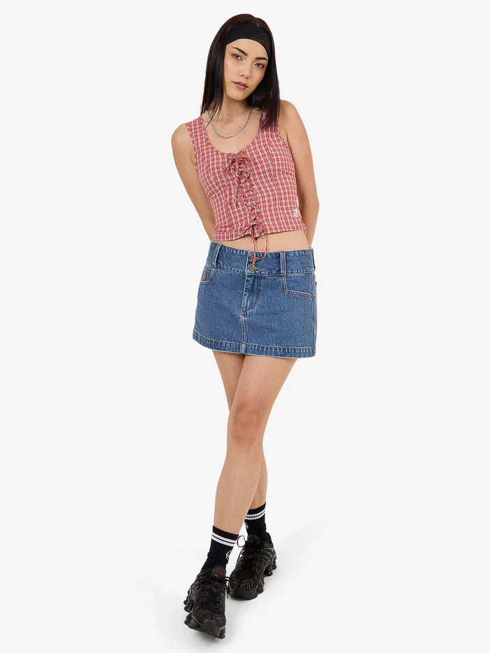 WORSHIP - Impish Lace Up Top - Cherry Red