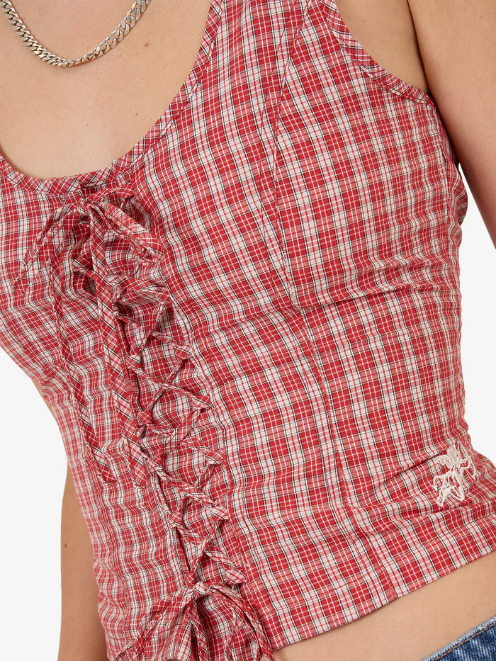 WORSHIP - Impish Lace Up Top - Cherry Red