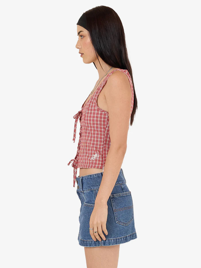 WORSHIP - Impish Lace Up Top - Cherry Red