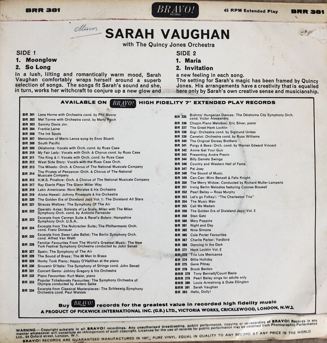 SARAH VAUGHAN EP w/The Quincy Jones Orchestra RARE UK BRAVO! 1966