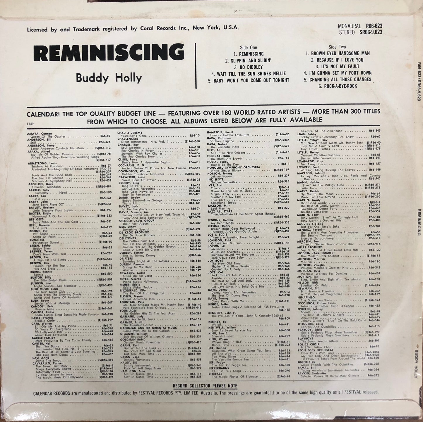 BUDDY HOLLY REMINISCING LP Rare Oz Calender Ex