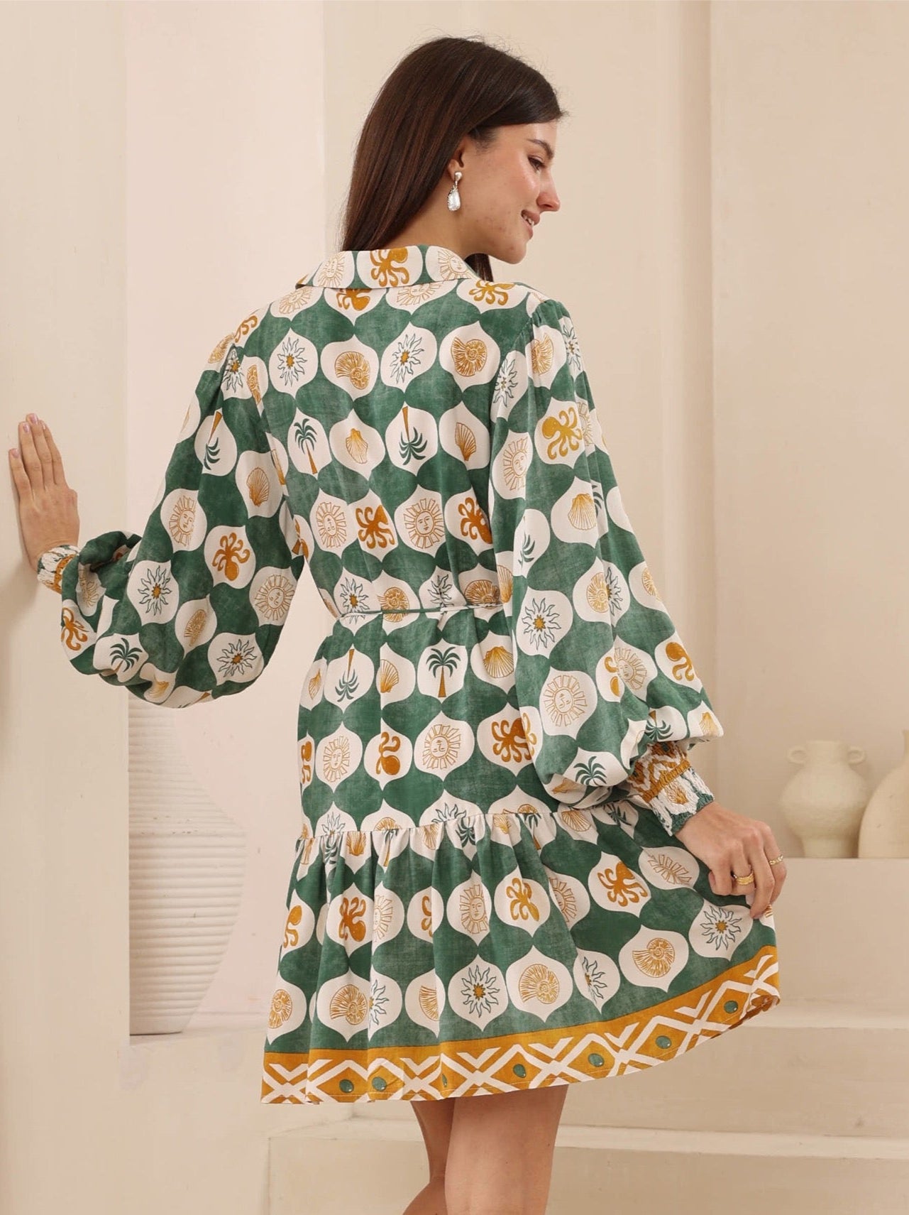 IRIS MAXI -  Sun and Sea L/S Dress - GREEN/GOLD