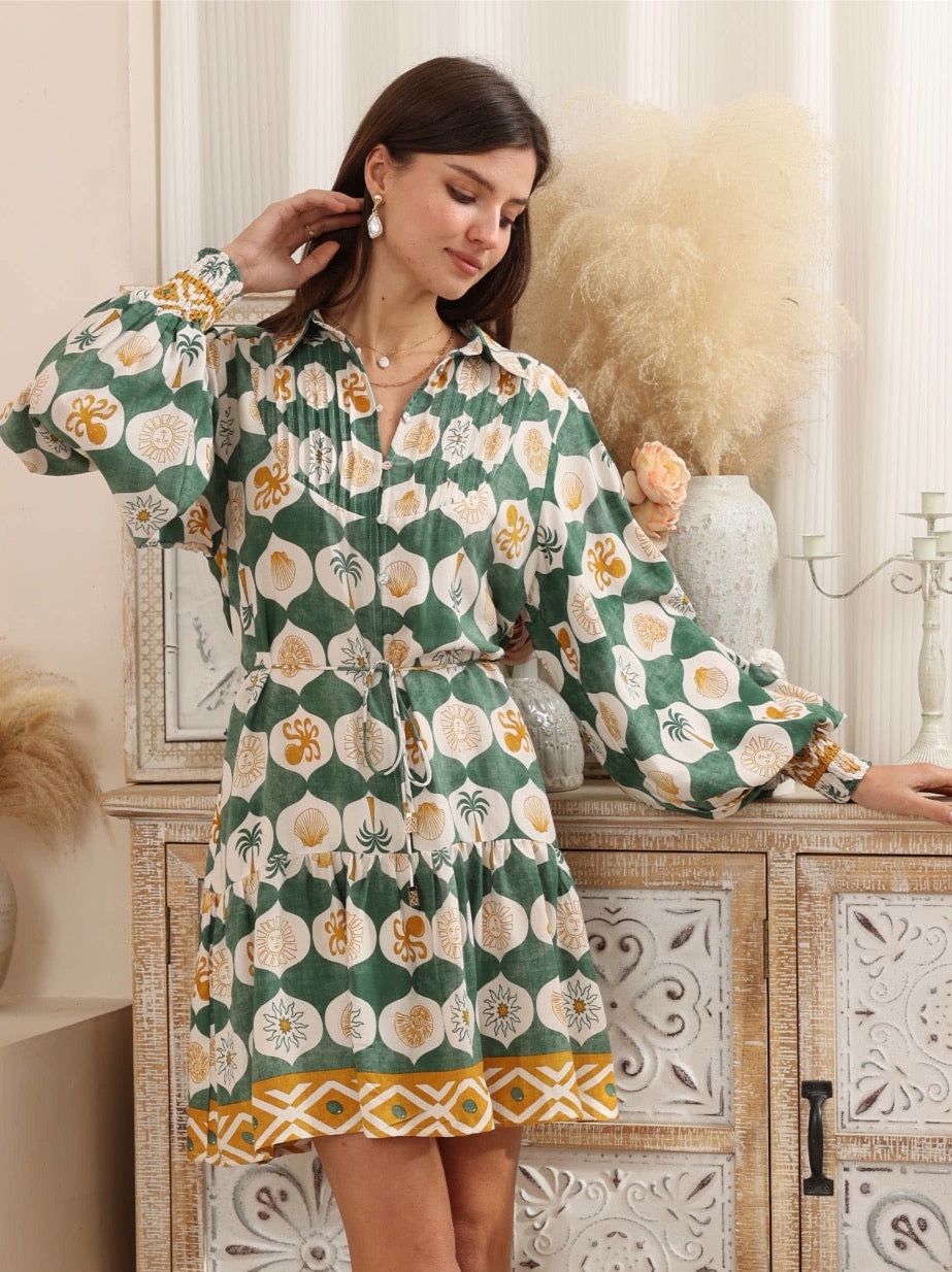 IRIS MAXI -  Sun and Sea L/S Dress - GREEN/GOLD