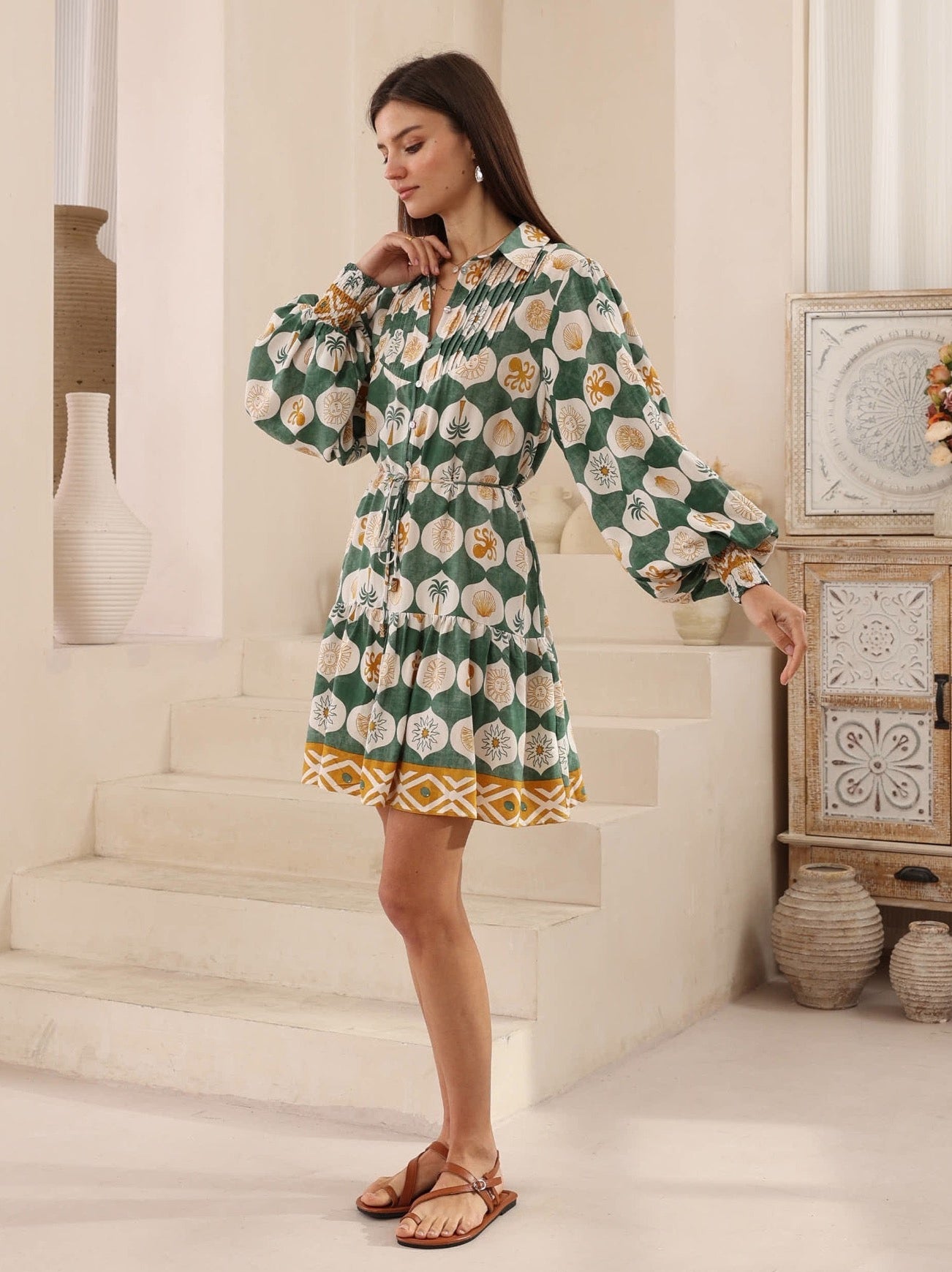 IRIS MAXI -  Sun and Sea L/S Dress - GREEN/GOLD