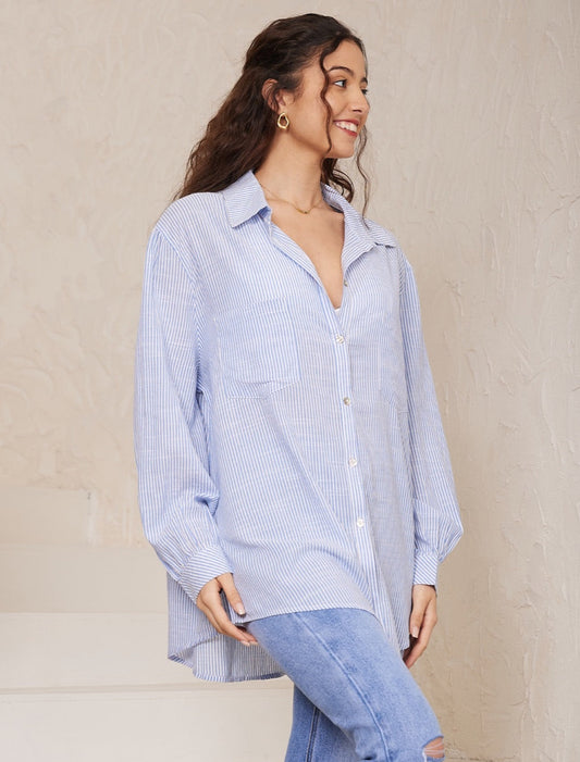 IRIS MAXI - L/S Striped Button Up Shirt - BLUE/WHITE