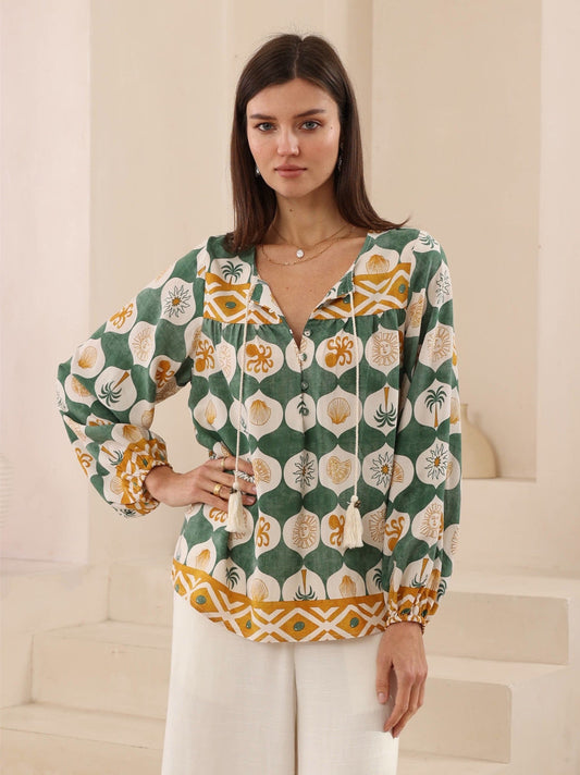 IRIS MAXI -  Sun and Sea L/S Top- GREEN/GOLD