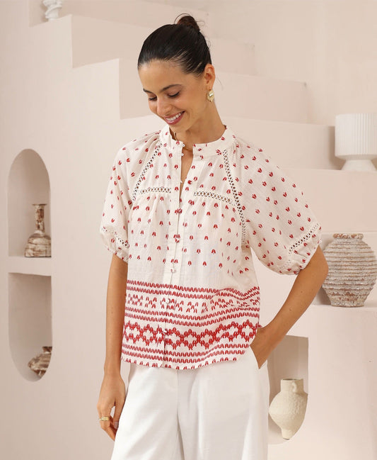 IRIS MAXI - Button Up Blouse - RED/WHITE