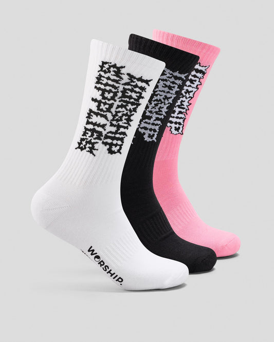 WORSHIP - Pile Up Socks 3 Pack - White/Black/Flamingo