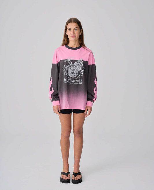 NEAR THE SEA - LS Motorbike Tee - PINK/BLACK