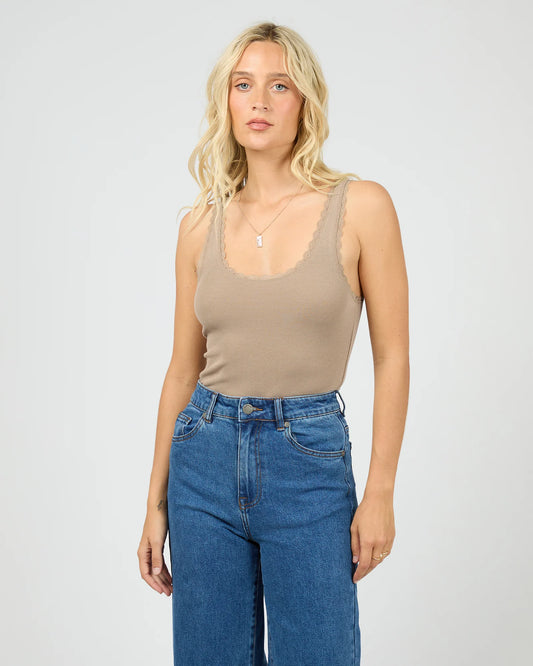 ALL ABOUT EVE - Washed Rib Lace Tank Stone