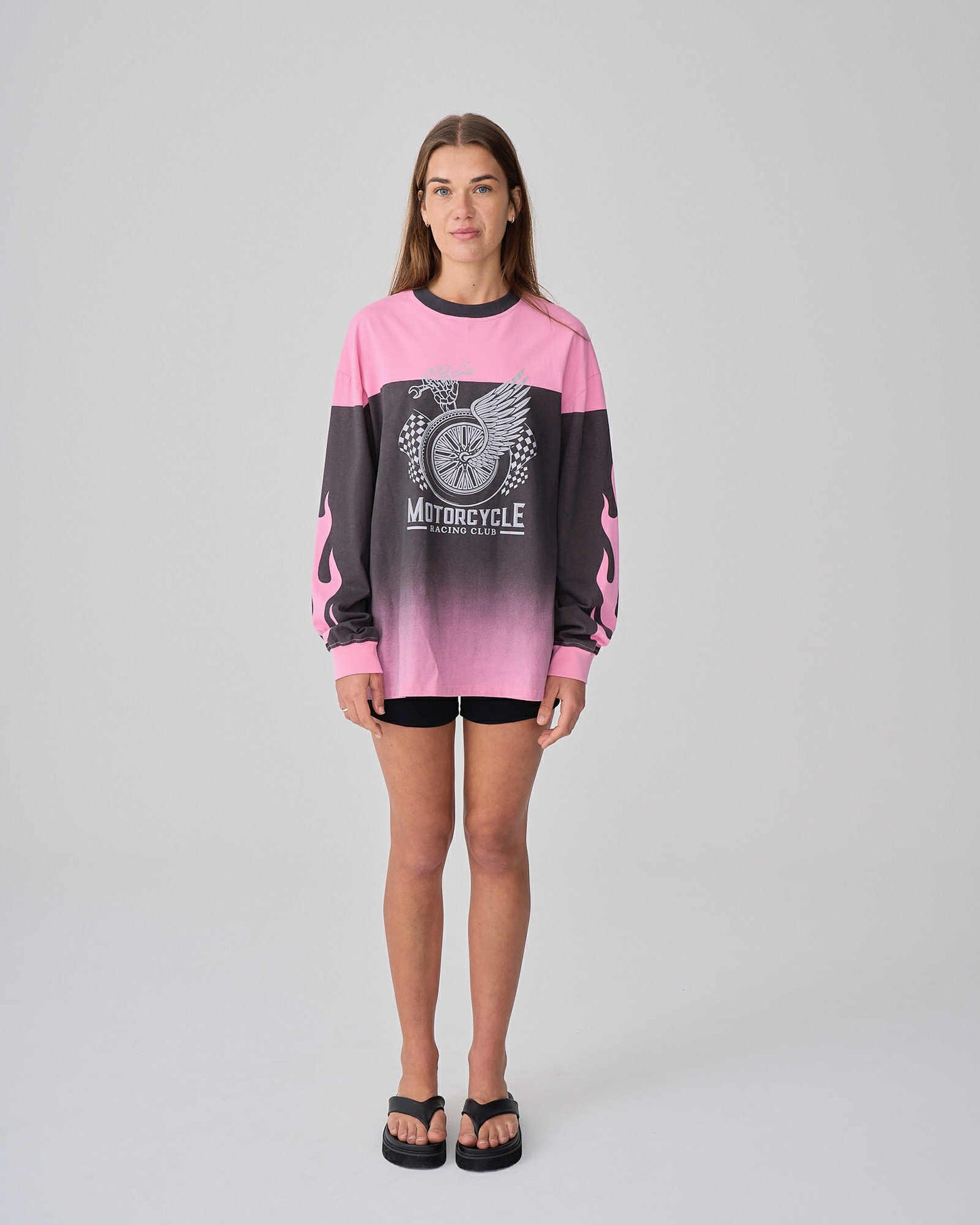 NEAR THE SEA - LS Motorbike Tee - PINK/BLACK