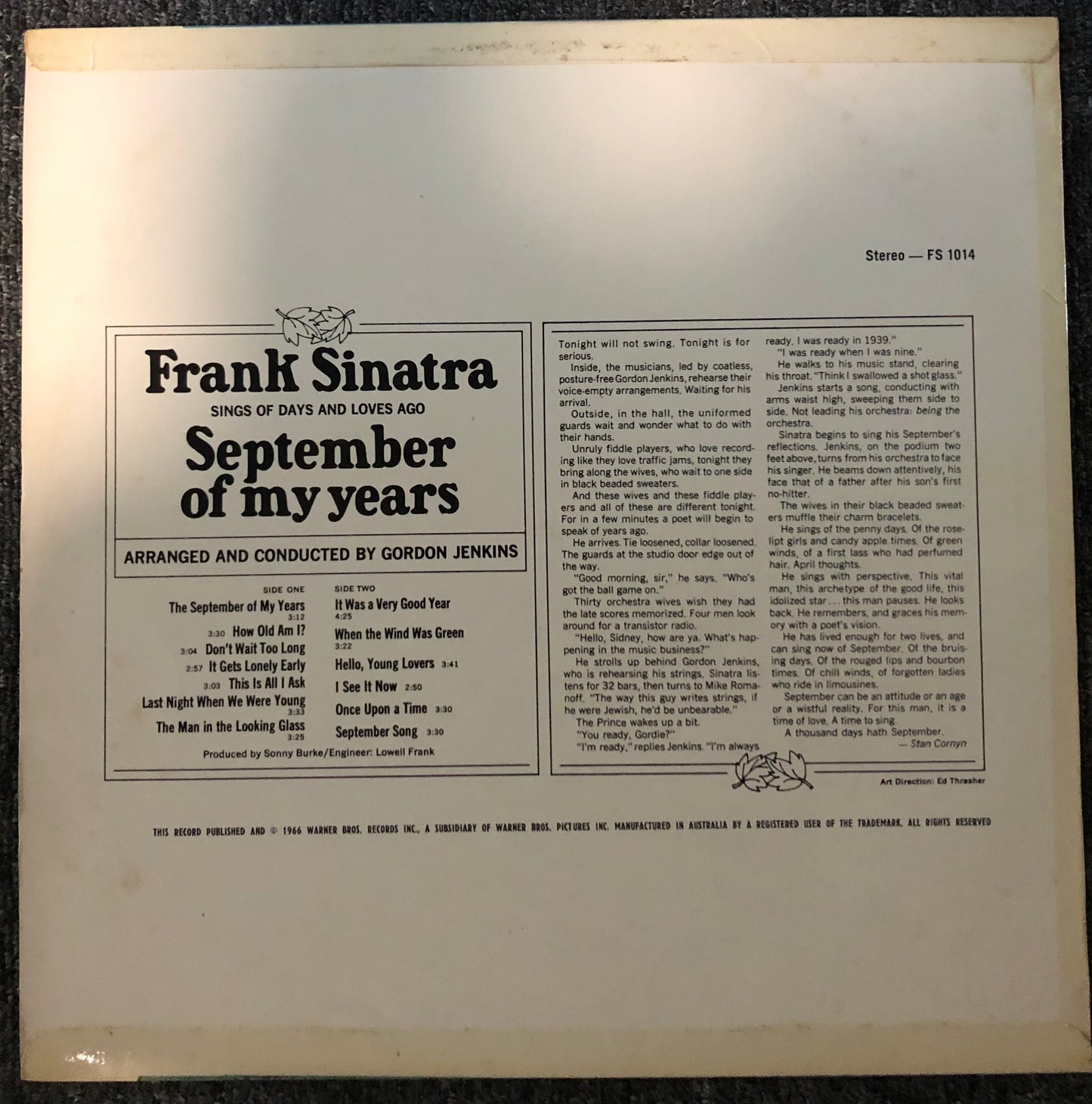 FRANK SINATRA - September Of My Years Lp (Reprise) Stereo FS1014