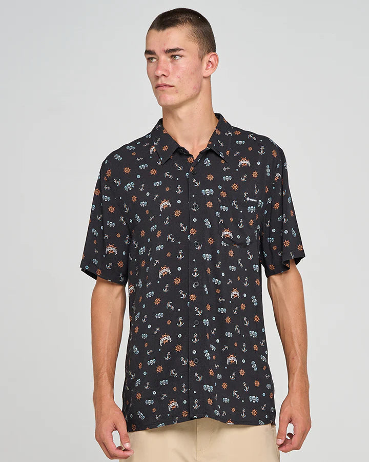 THE MAD HUEYS - Triple Anchor SS Woven Shirt - Black