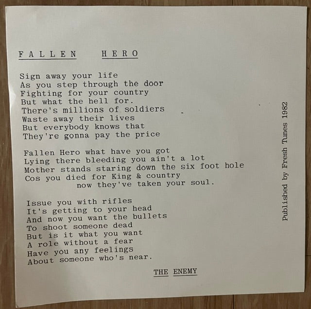 THE ENEMY Fallen Hero 7'' 45 1982 UK