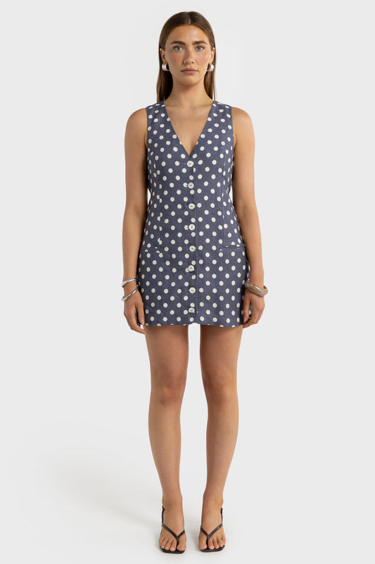 ORTC - Koda Linen Mini Dress - Blue Polkadot