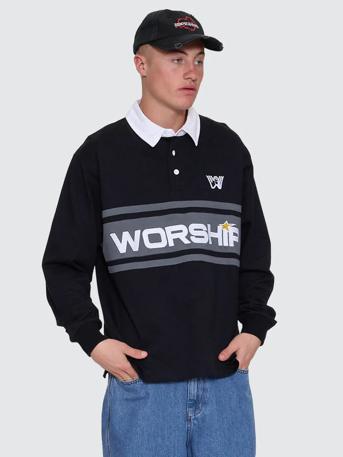 WORSHIP - Laser Long Sleeve Rugby Polo - Black