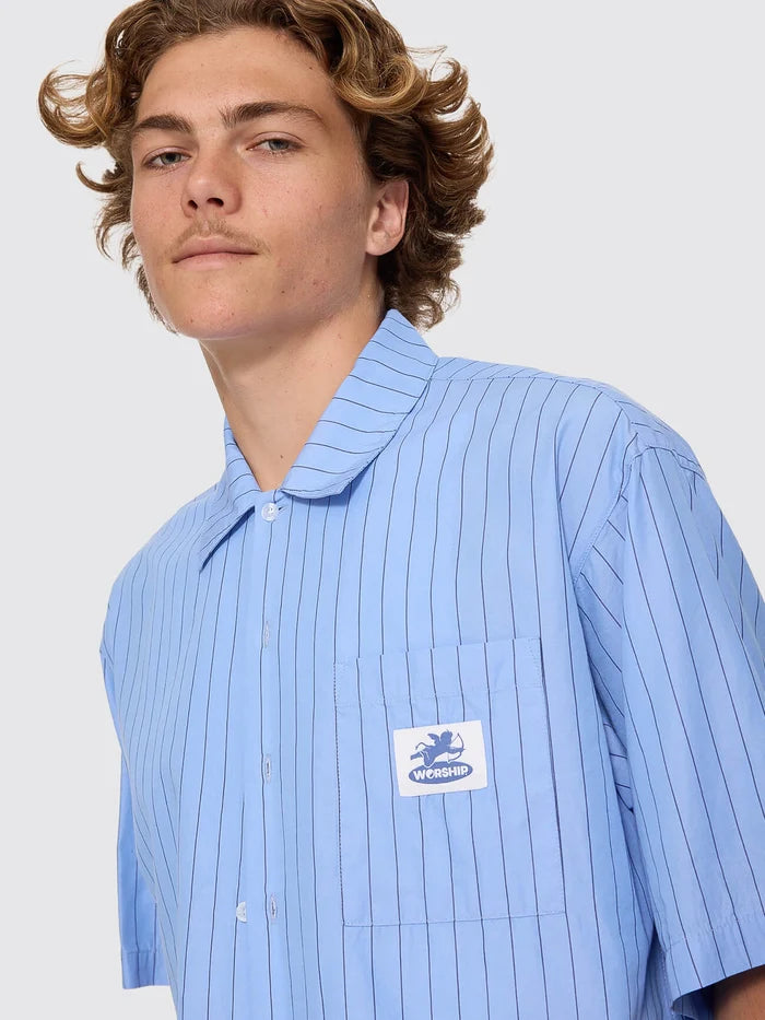 WORSHIP - Shadow Cherub Box Crop Short Sleeve Shirt - DREAM BLUE STRIPE