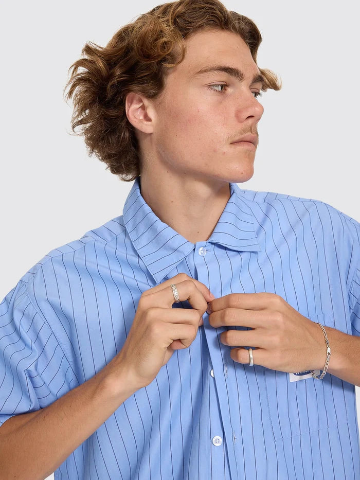 WORSHIP - Shadow Cherub Box Crop Short Sleeve Shirt - DREAM BLUE STRIPE