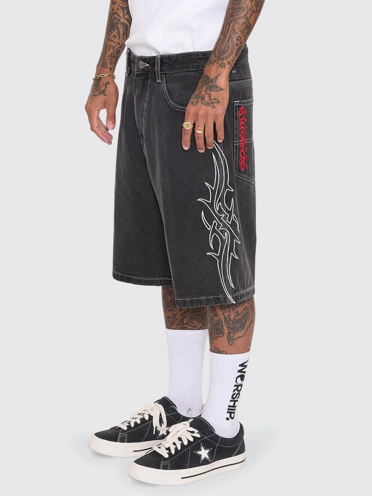 WORSHIP - PITTED BIG DAWG JEAN SHORT - USED BLACK