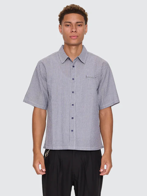 THRILLS -  Web Of Deceit Box Crop Short Sleeve Shirt - Navy Stripe