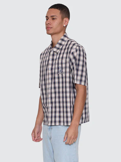 THRILLS -  Paradise Falling Short Sleeve Cropped Check Work Shirt - NAVY