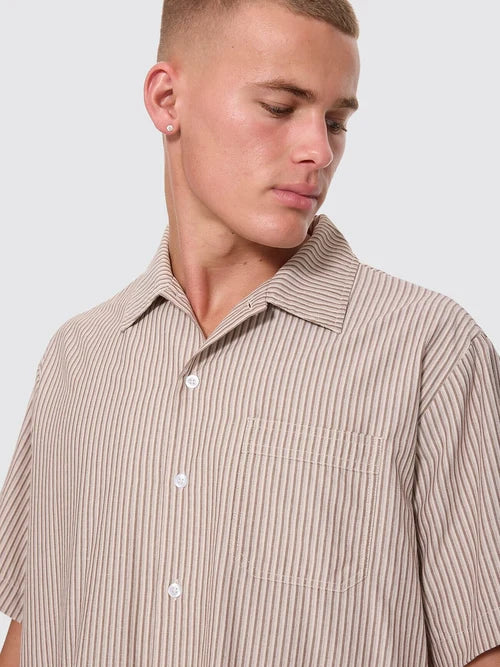 THRILLS - Thrills Union Short Sleeve Stripe Work Shirt - POSTAL BROWN