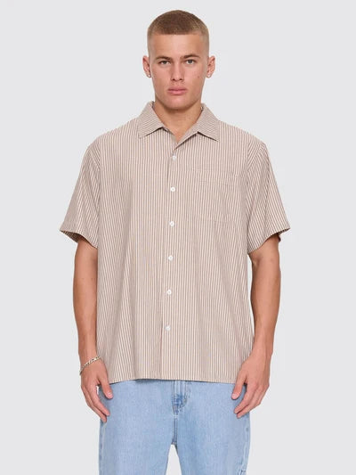 THRILLS - Thrills Union Short Sleeve Stripe Work Shirt - POSTAL BROWN
