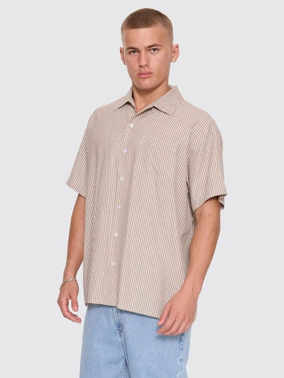 THRILLS - Thrills Union Short Sleeve Stripe Work Shirt - POSTAL BROWN