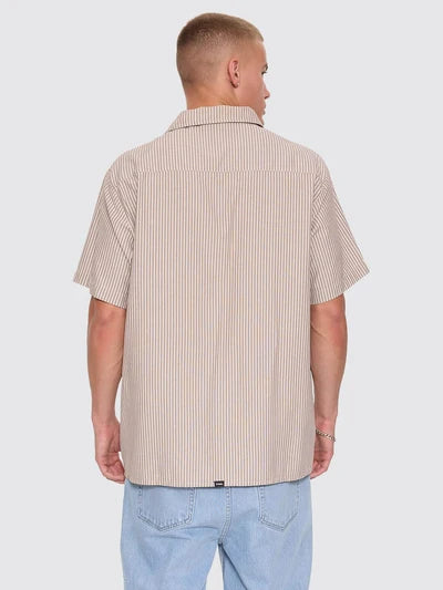 THRILLS - Thrills Union Short Sleeve Stripe Work Shirt - POSTAL BROWN