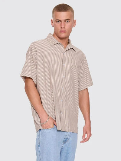 THRILLS - Thrills Union Short Sleeve Stripe Work Shirt - POSTAL BROWN