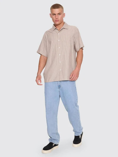 THRILLS - Thrills Union Short Sleeve Stripe Work Shirt - POSTAL BROWN