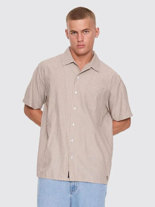 THRILLS - Thrills Union Short Sleeve Stripe Work Shirt - POSTAL BROWN