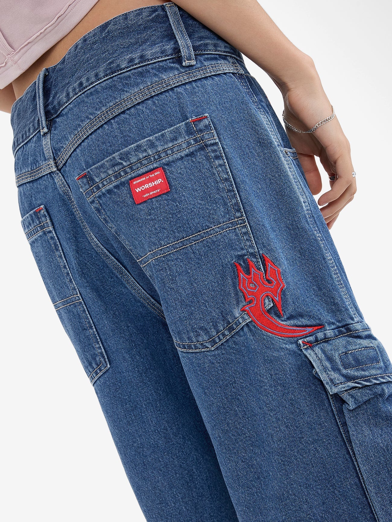 WORSHIP - Playtime Big Kitty Cargo Denim Short - WORN BLUE RINSE