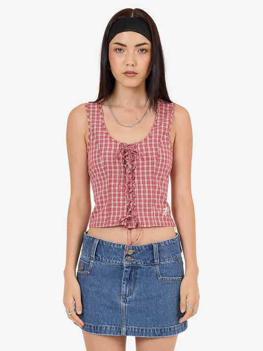 WORSHIP - Impish Lace Up Top - Cherry Red