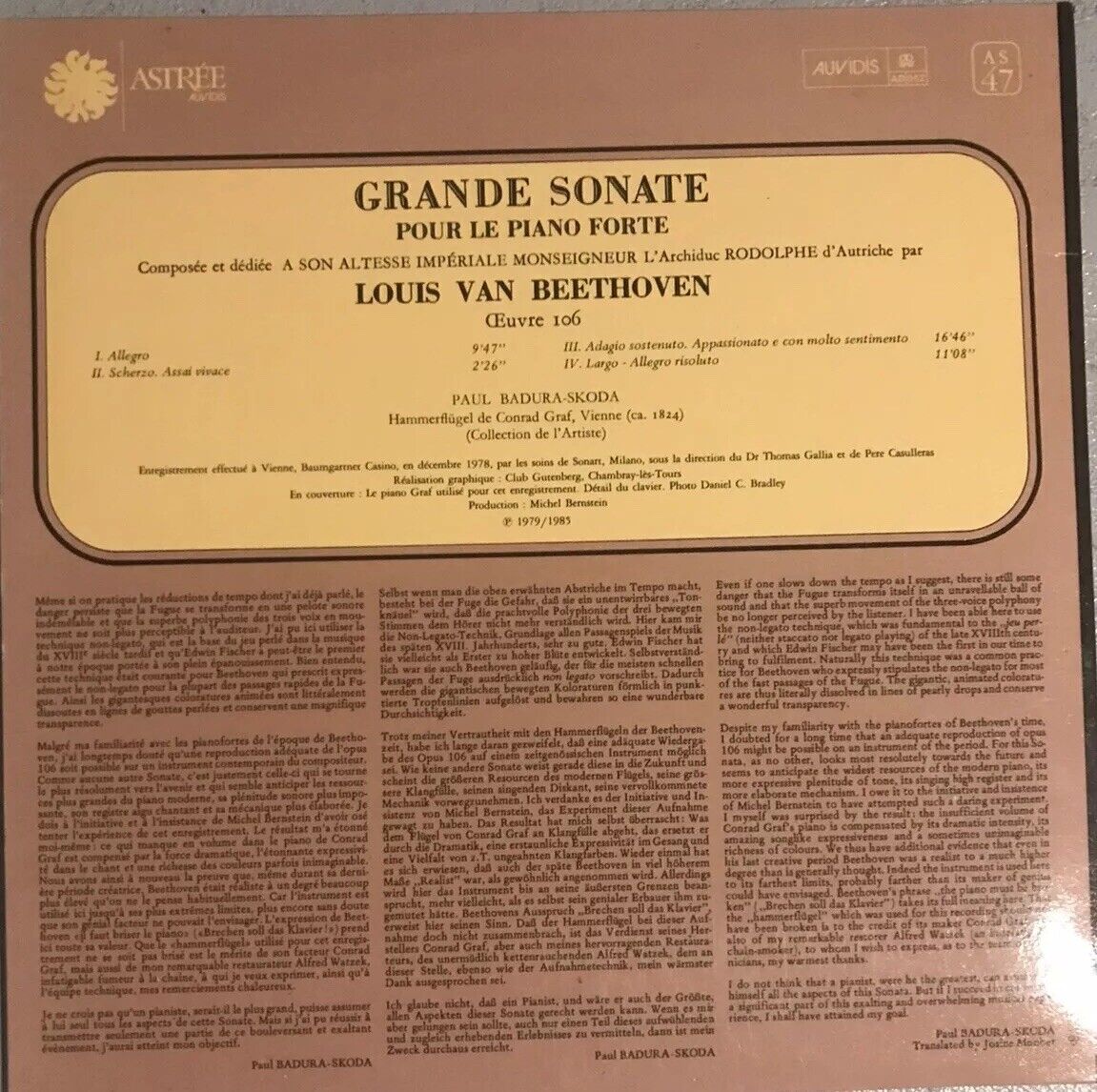 PAUL BADURA-SKODA-BEETHOVEN GRANDE SONATAS POUR LE PIANO-FORTE-ASTREE MN