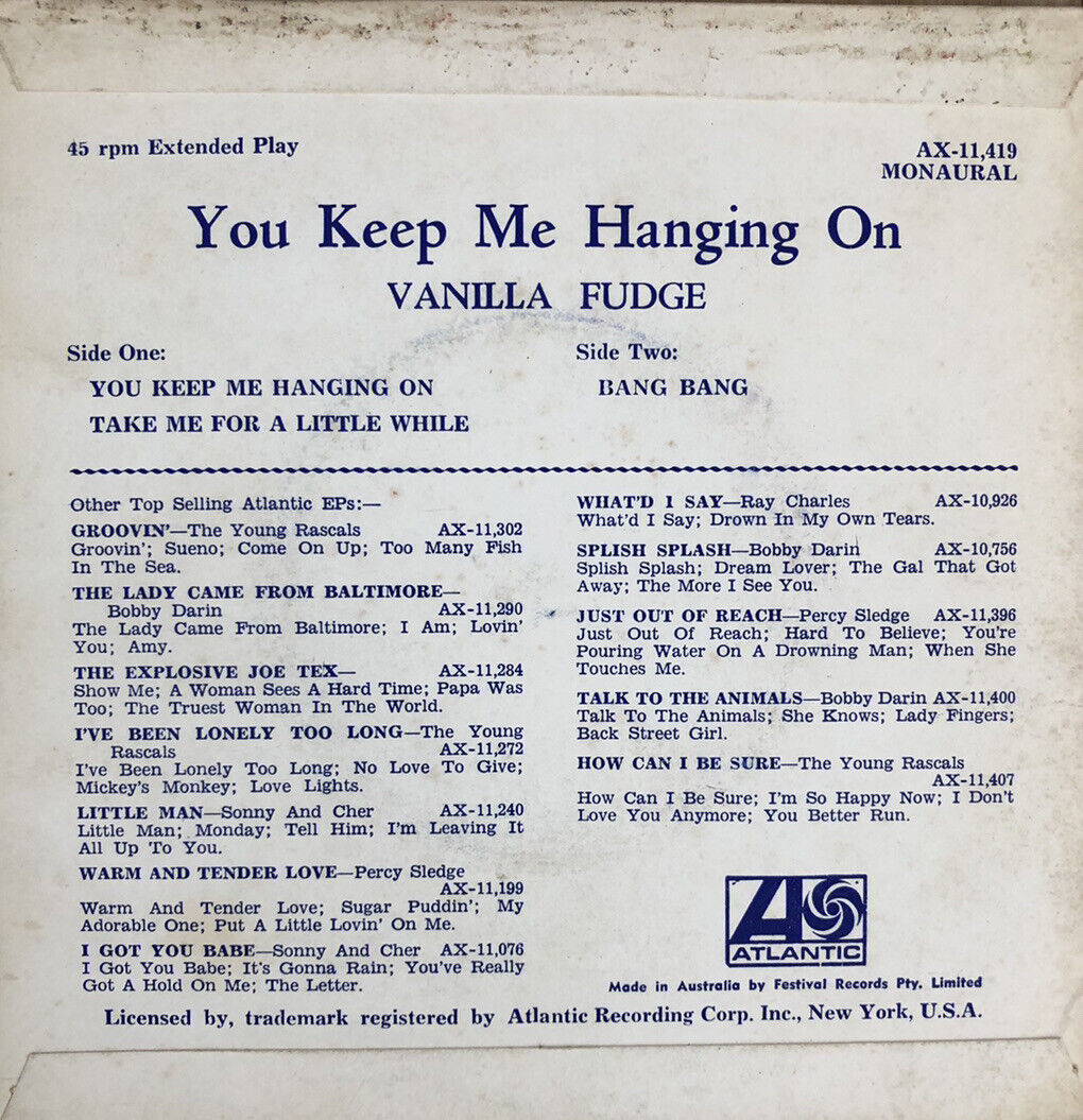 VANILLA FUDGE You Keep Me Hanging On RARE 1967 PSYCH Ep AUSTRALIA ONLY Vinyl EX