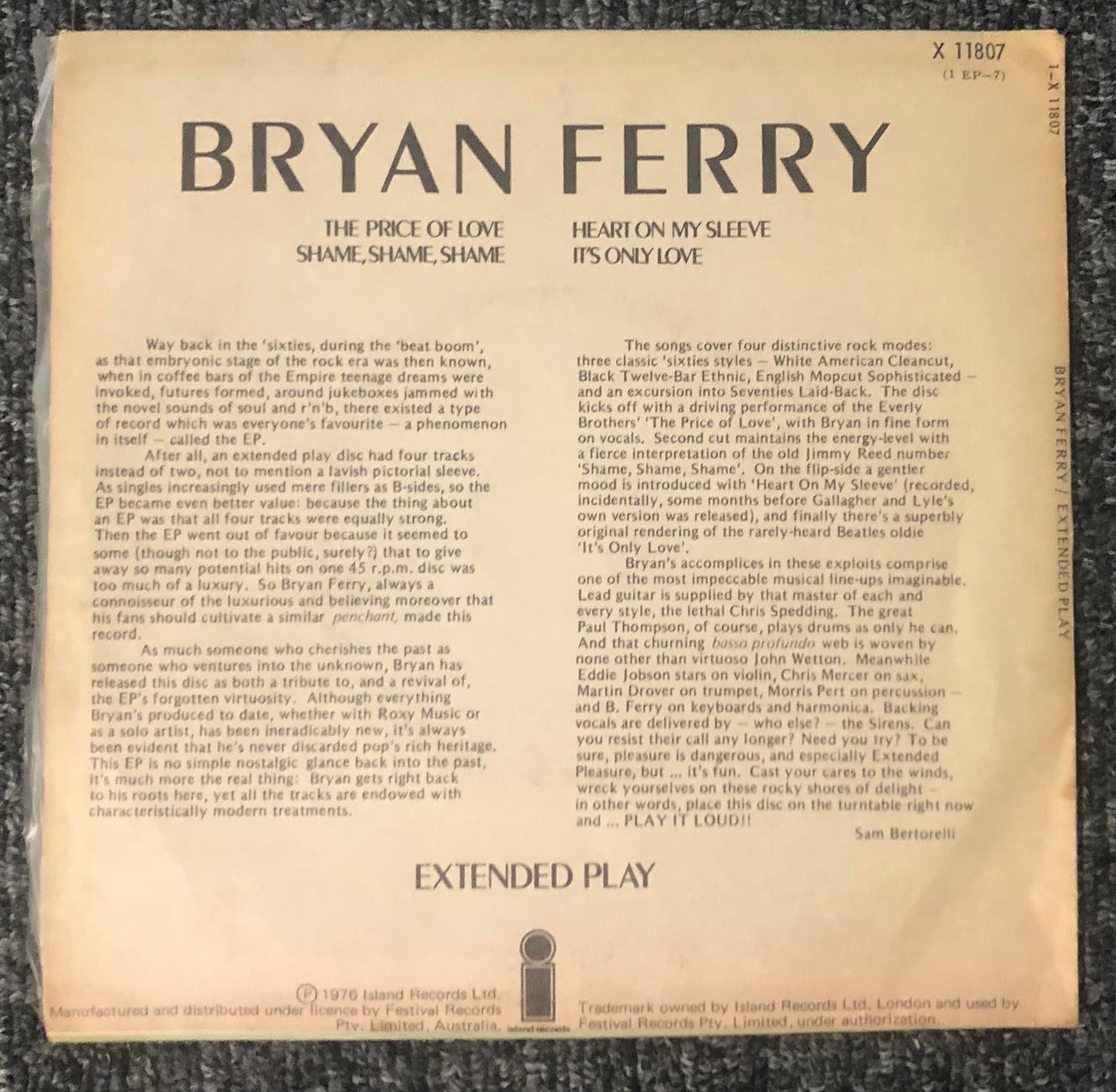 BRYAN FERRY Self Titled Rare Oz only EP NM
